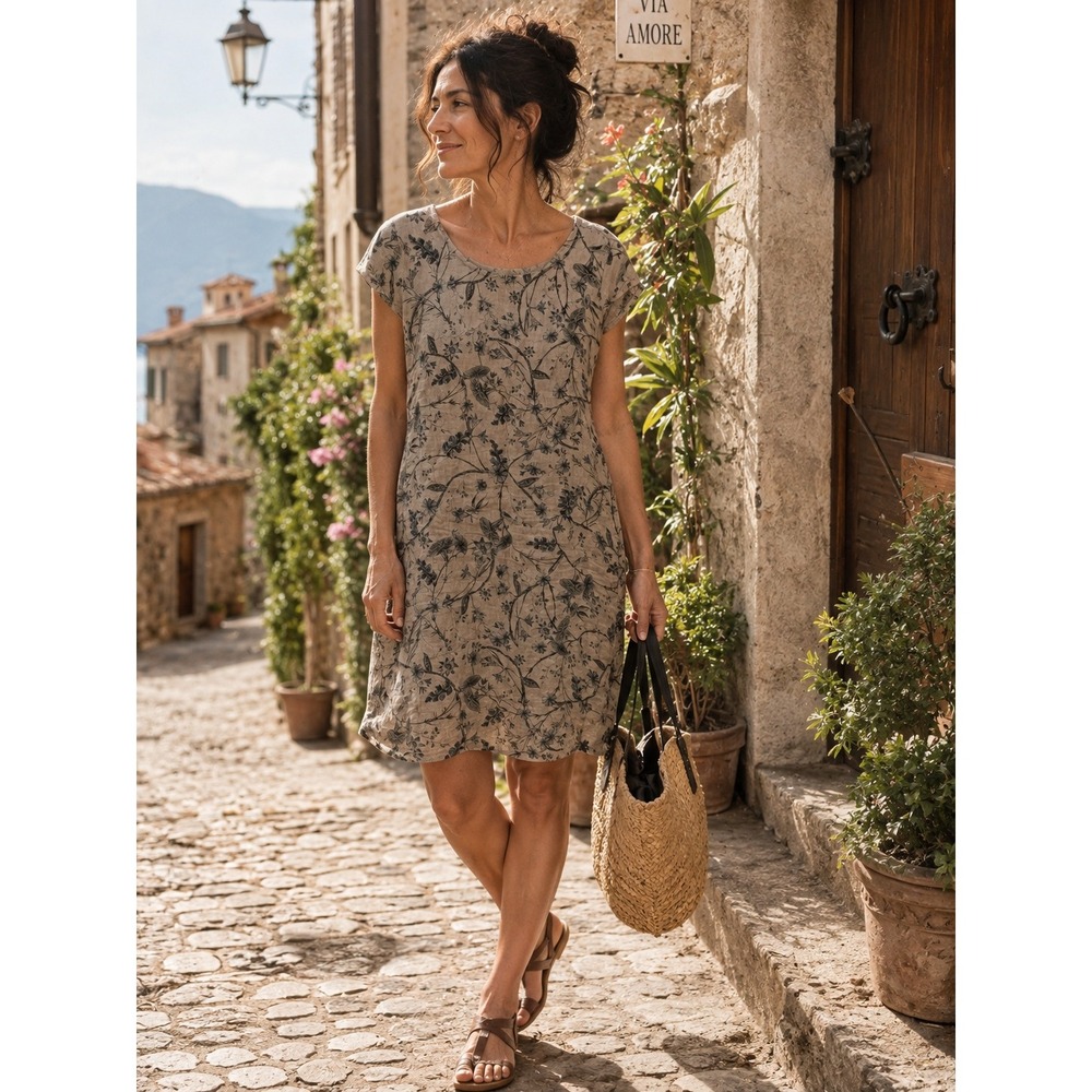 Linen Luv Floral Linen Shift Dress Beige Made in Italy TP1283 Short Sleeve M
